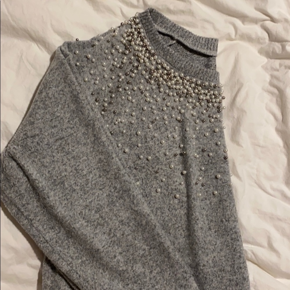 Plush gray beaded sweater